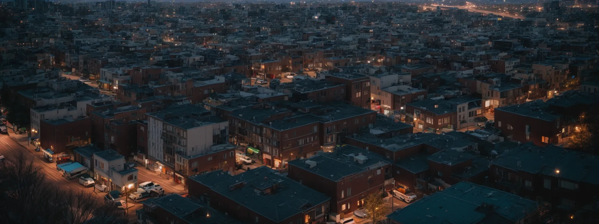 a skyline view of a bustling city neighborhood transitioning from day to night, symbolizing the hyper-local focus of block-level seo.