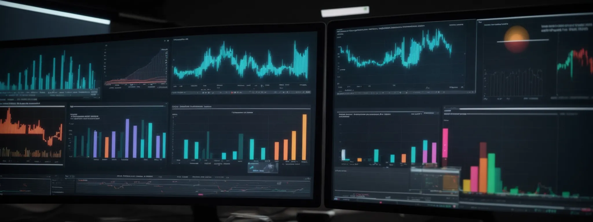 a computer screen displaying colorful analytics graphs and charts with open windows for search engine results and keyword tracking tools.