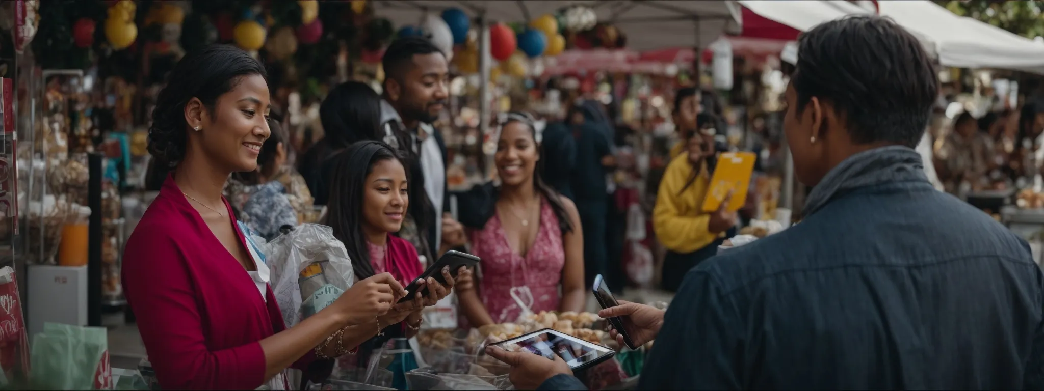 a local business owner engaging with customers on a tablet amid a bustling community event.