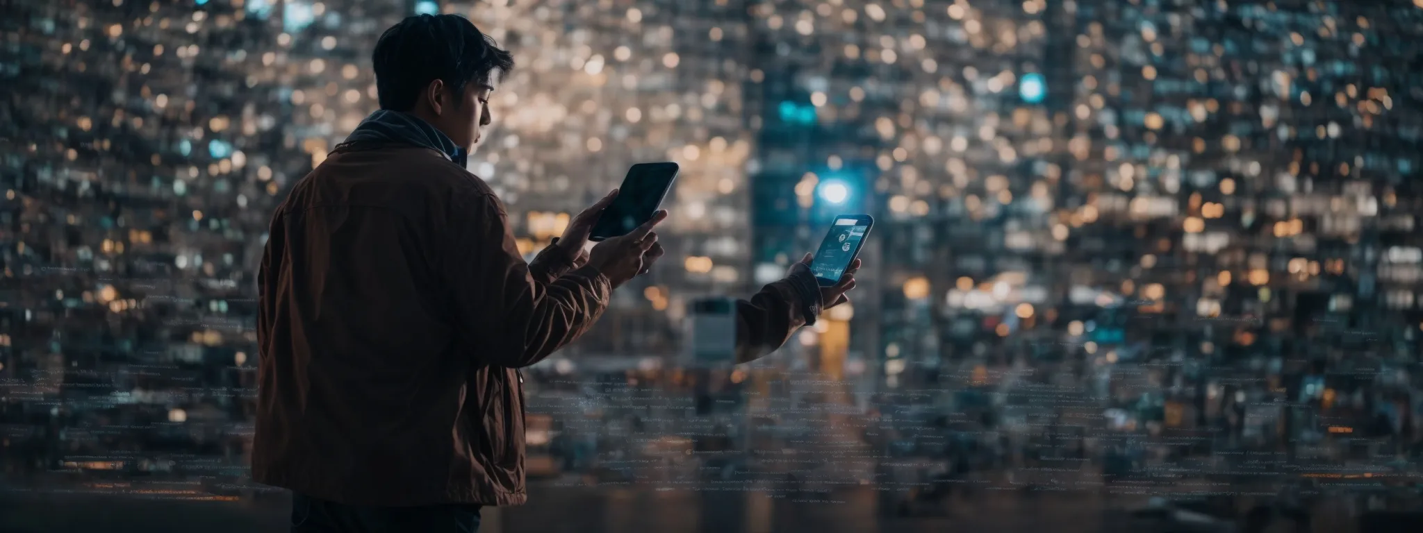 a person interacting smoothly with a high-speed, mobile-optimized website on a smartphone against a backdrop symbolizing strong digital growth and online presence.