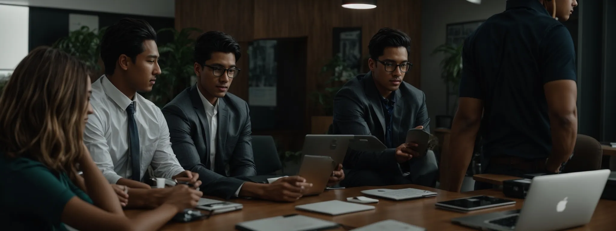 a professional brainstorming session around a laptop in a modern office setting.