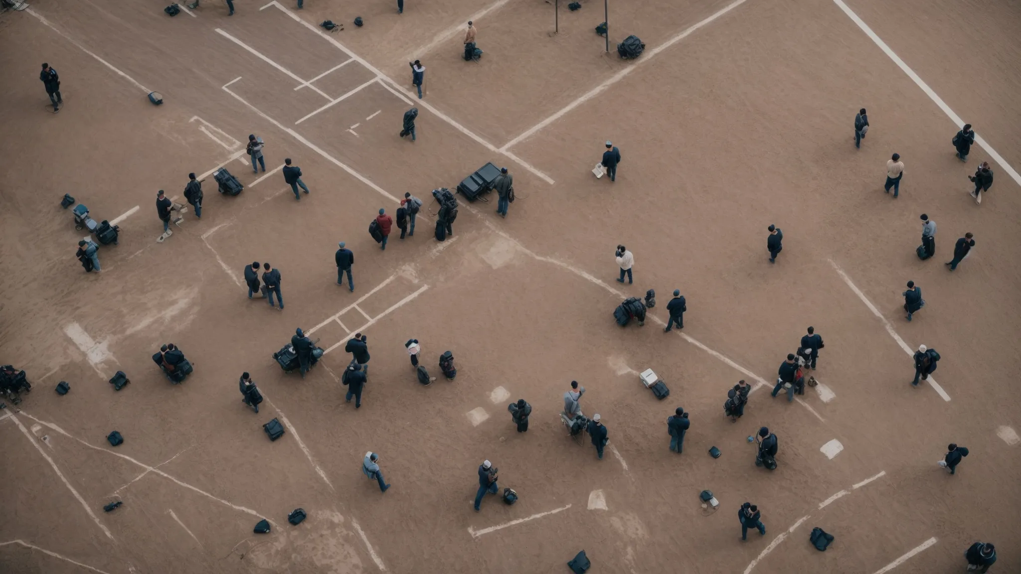 two groups of people separated by a visible line on the ground, one side holding thumbs up signs and the other thumbs down, with a backdrop of computers and internet symbols.