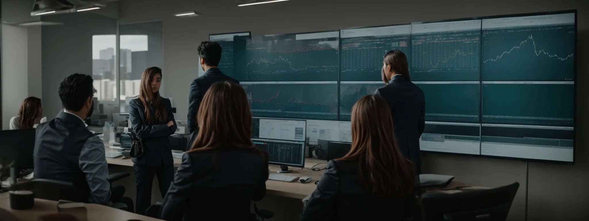 a team meeting with individuals viewing a digital project timeline on a large monitor in a modern office.