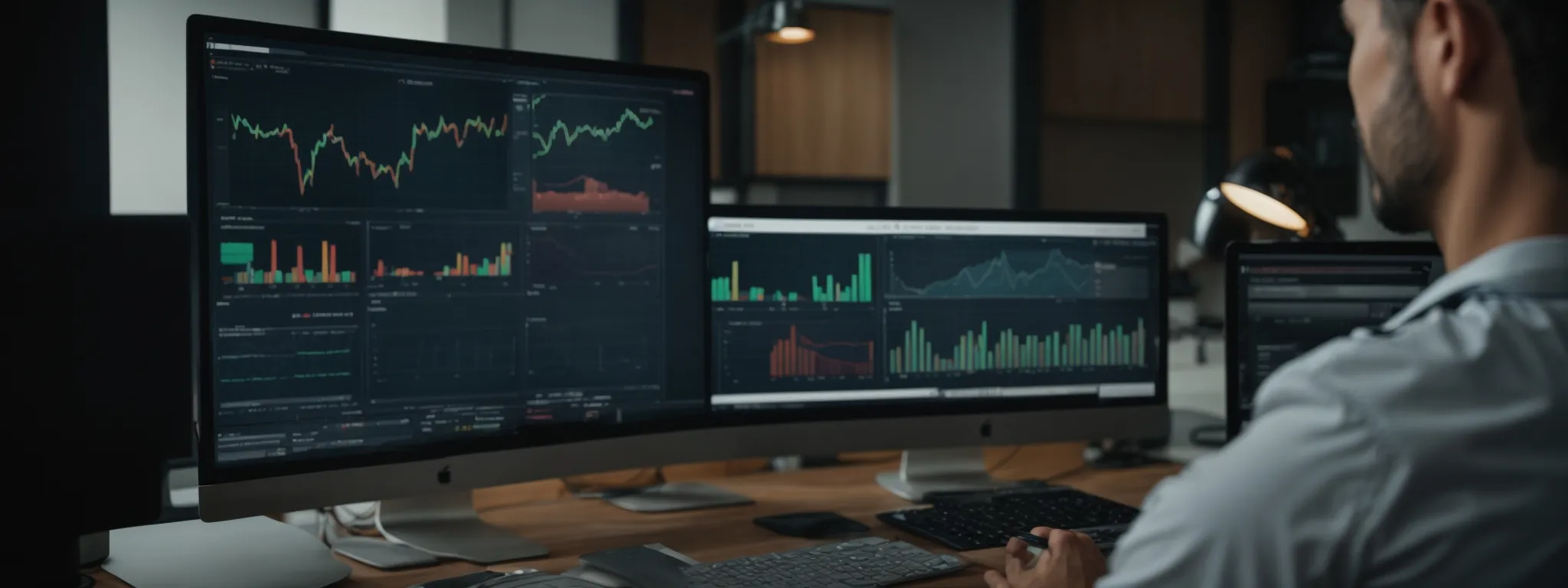 a digital marketer analyzes a brightly lit computer screen displaying a website's analytics dashboard amidst a modern office environment.