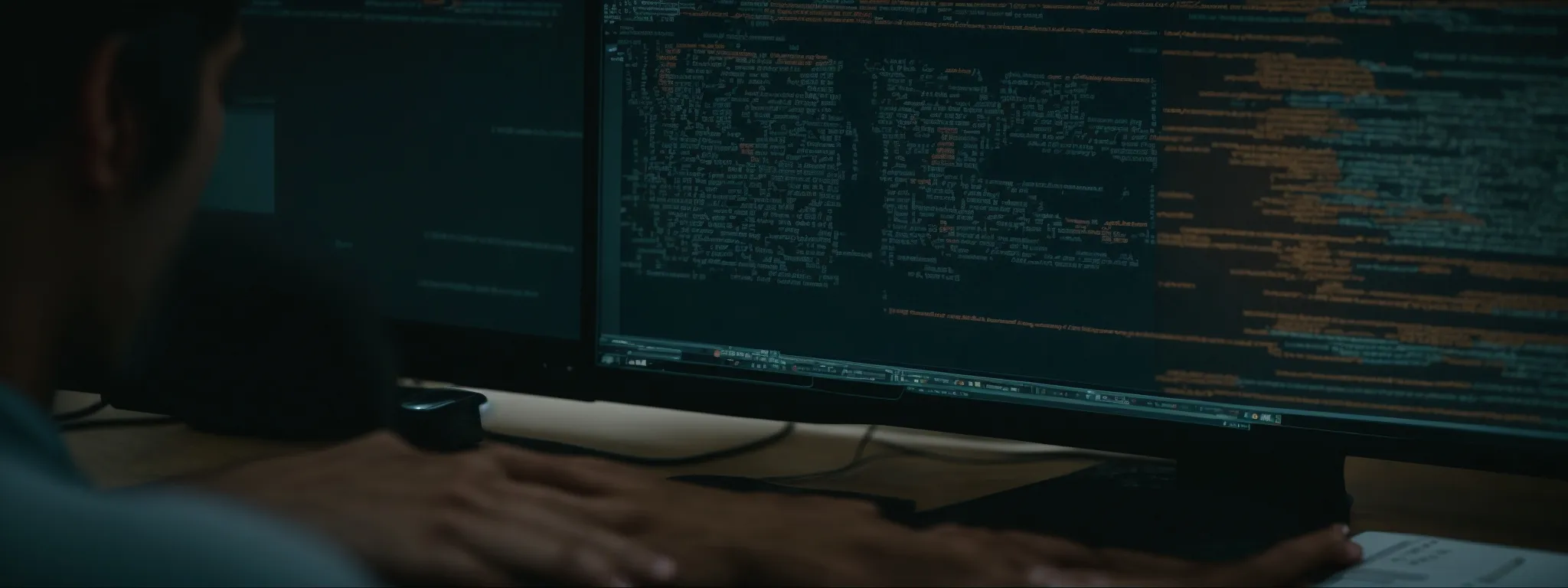 a web developer scrutinizes lines of code on a computer screen while adjusting website features.