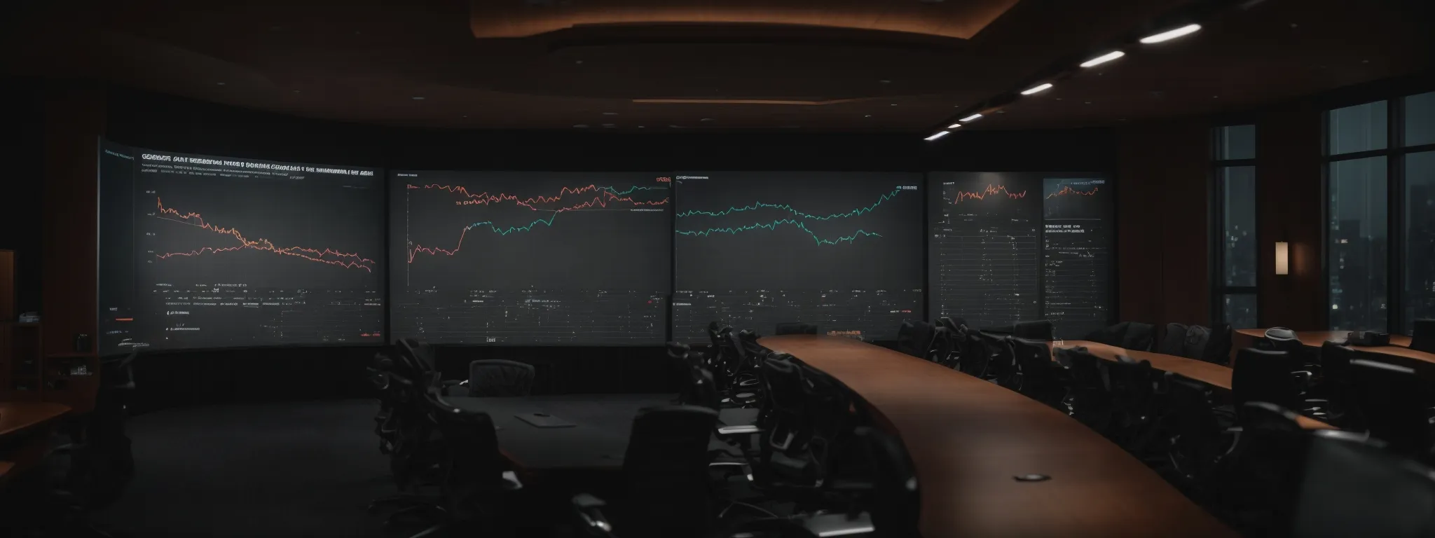 a boardroom with a large display screen showing a graph of climbing search engine rankings.