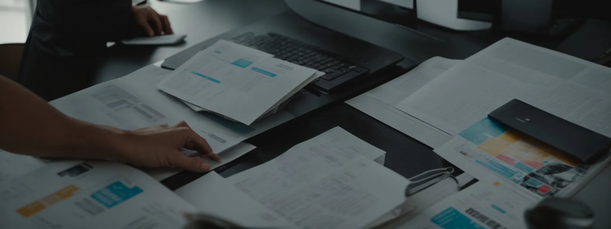 a person at a desk surrounded by marketing strategy documents, analyzing a content optimization plan on a computer screen.