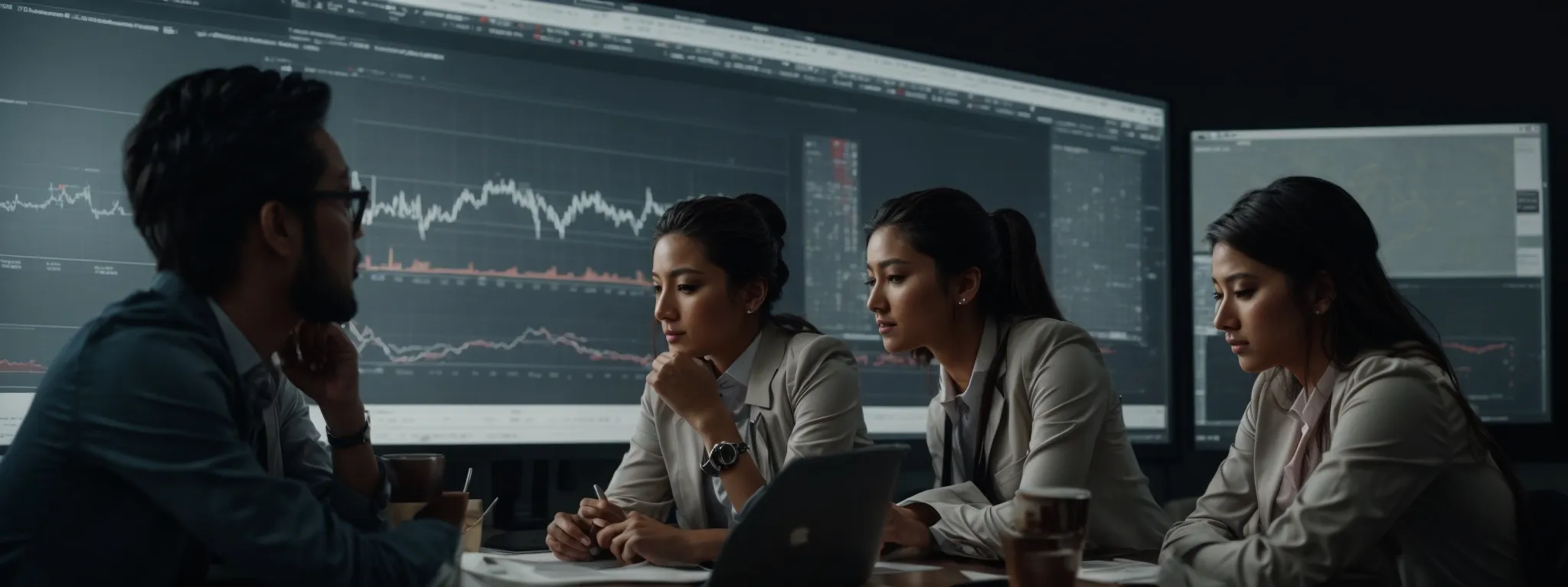 a marketing team intently analyzes charts on a digital screen, strategizing for an email campaign.