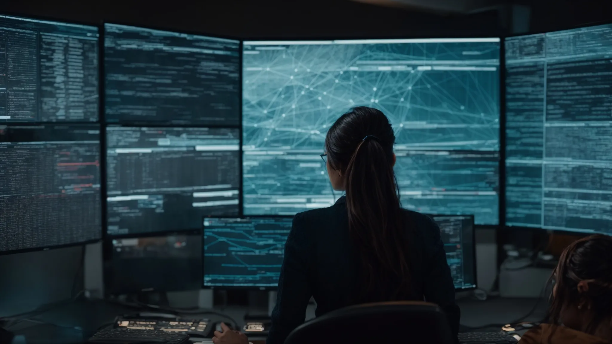 a person intently analyzing data on a large computer monitor displaying various interconnected web pages on a digital linkscape.