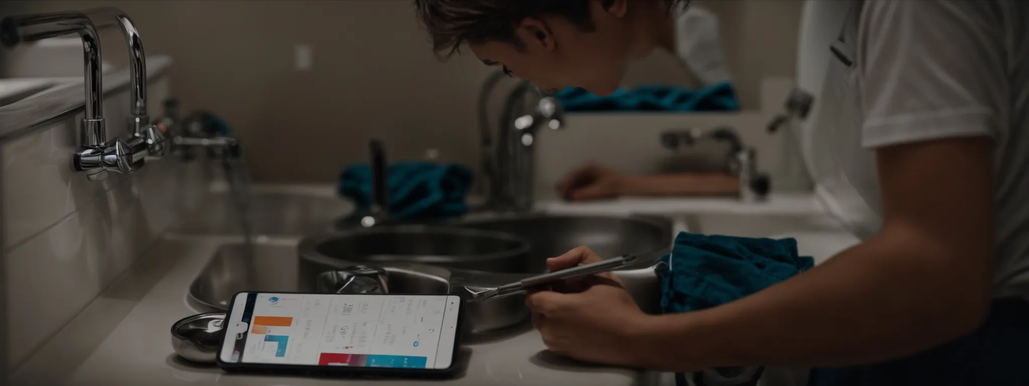 a plumber reviewing analytics on a mobile device by a modern sink setup.