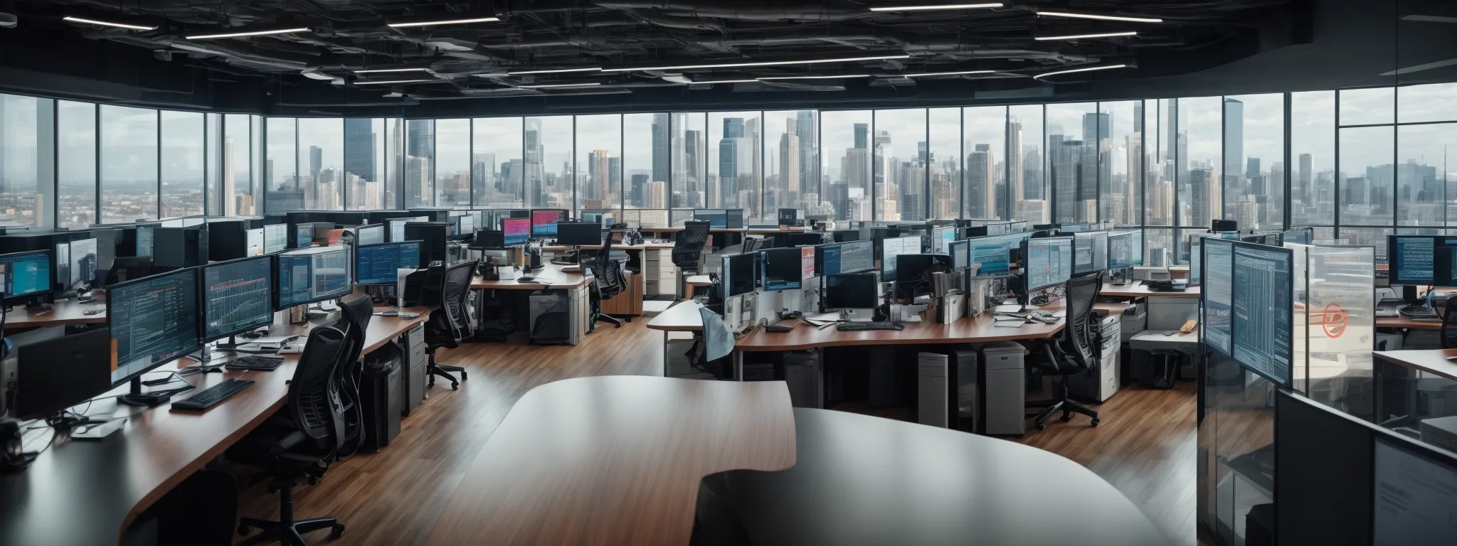 a panoramic view of a modern office with multiple screens displaying colorful graphs and data analytics interfaces.