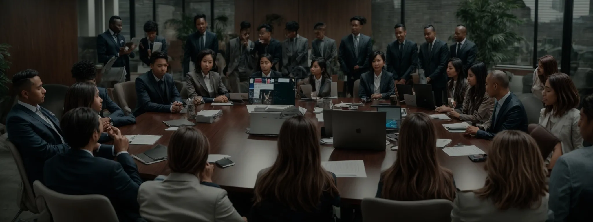 a diverse group of professionals gathered around a conference table, each with a digital device, strategizing over a marketing campaign.