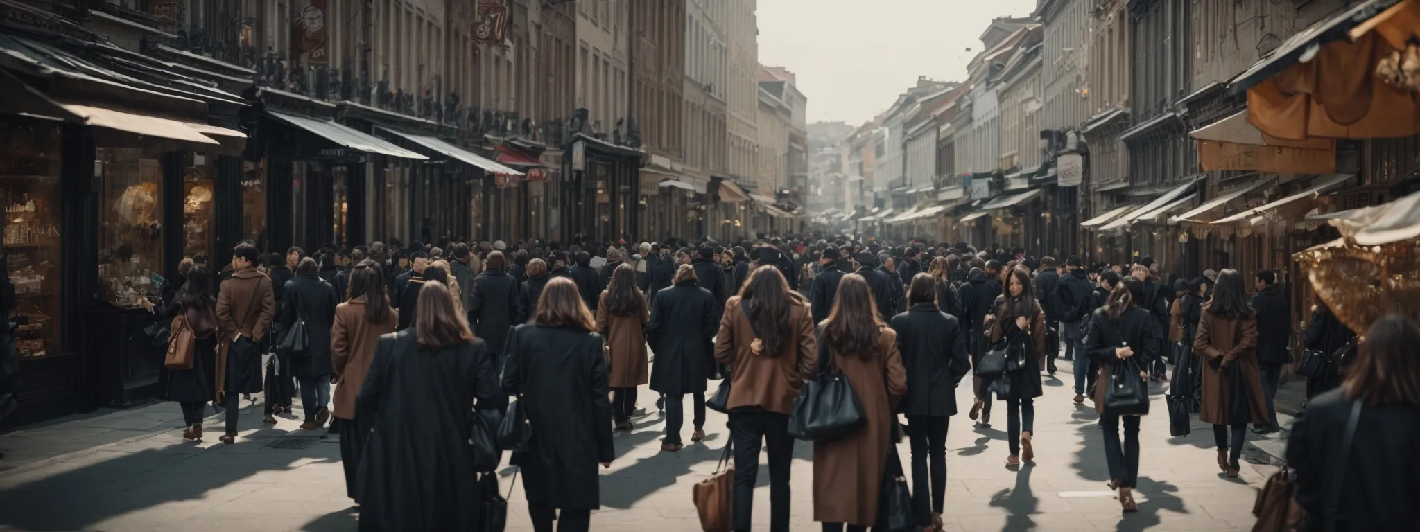 A large crowd of people, mostly wearing dark coats, walk along a busy city street lined with shops and historic buildings.