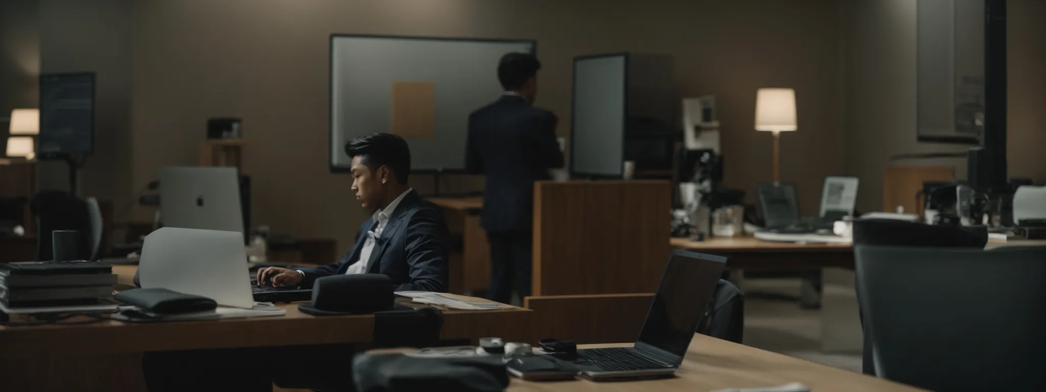 a well-dressed individual sits at a clean desk, engaging in a focused video conference on a laptop in a quiet, brightly lit room.