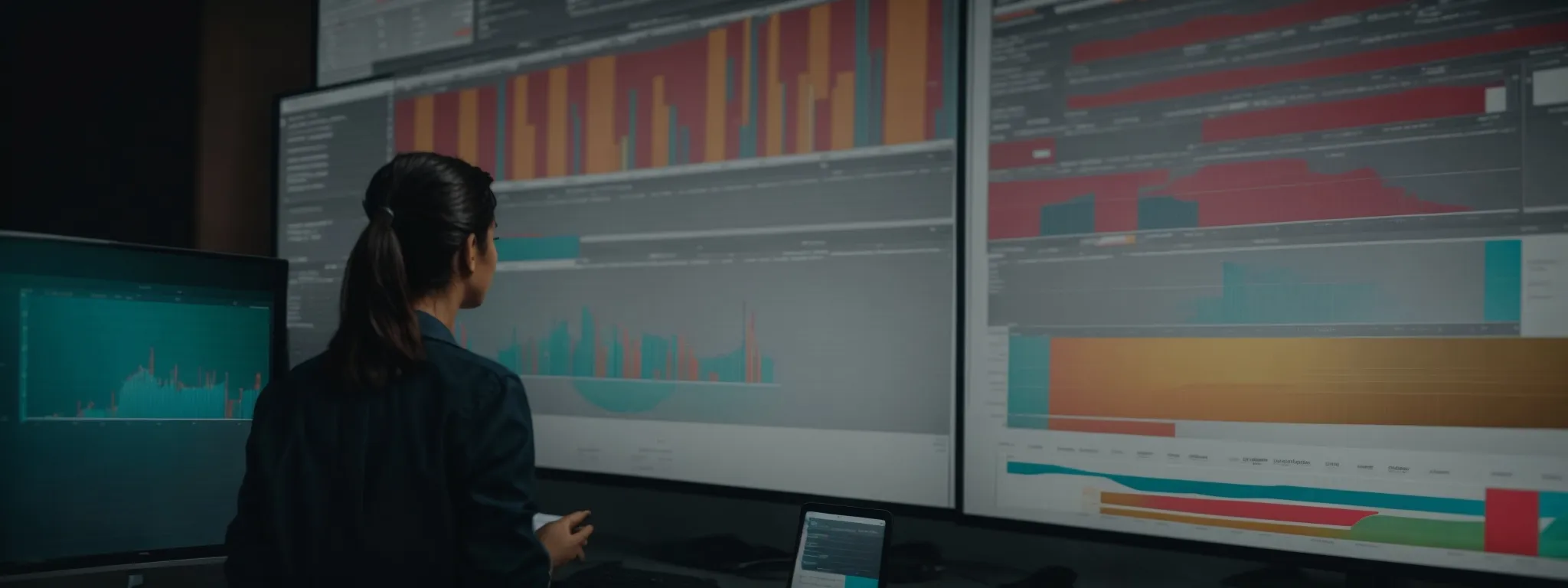 a person examines colorful pie charts and bar graphs on a screen, analyzing marketing statistics.