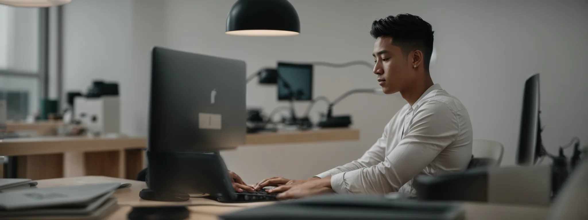 a person sitting at a modern desk, intensely focused and typing on a laptop in a bright, minimalist office. 