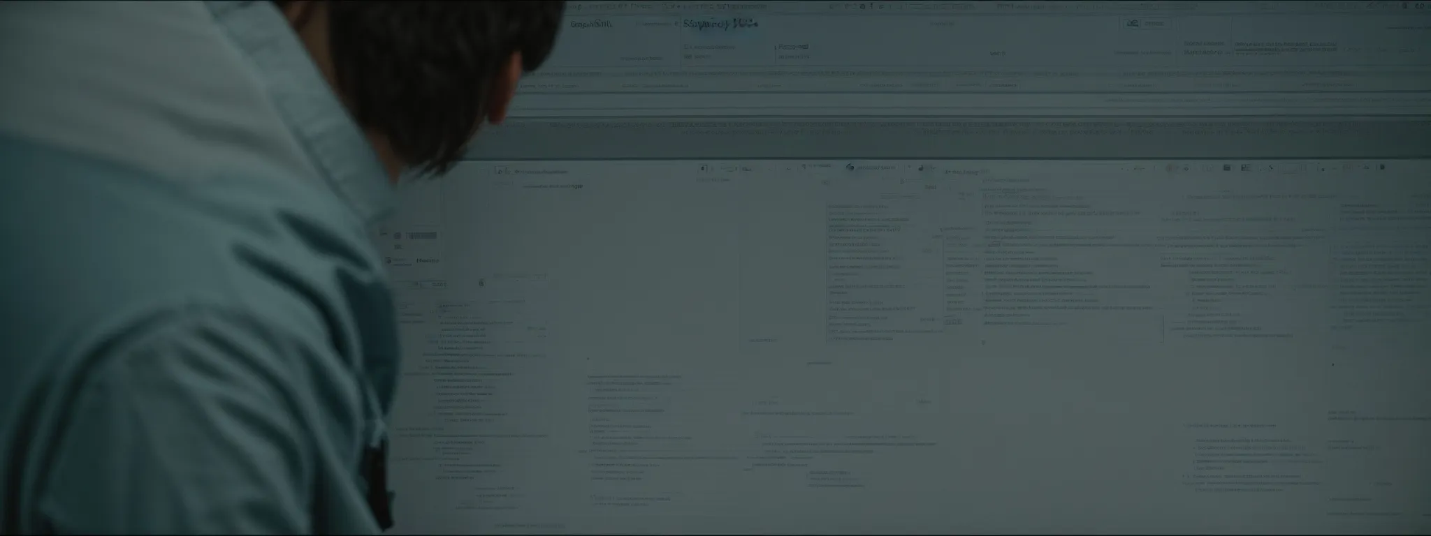 A person in a blue shirt looks closely at a large, bright computer screen displaying multiple documents and text, focusing on image SEO strategies.