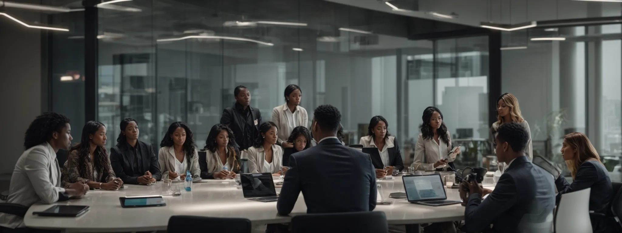 a diverse group of professionals brainstorming around a modern, glass conference table with various digital devices.