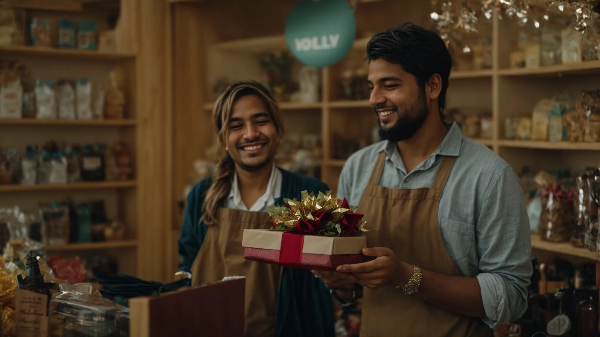 a smiling shopkeeper handing a gift to a regular customer in a cozy store.