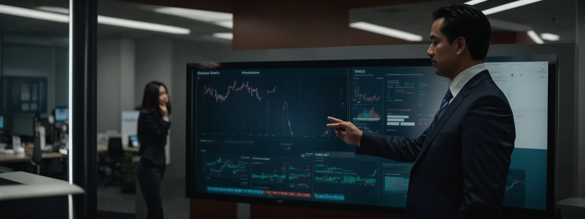 an oil and gas executive interacts with a digital touchscreen displaying a dynamic crm dashboard in a high-tech office setting.