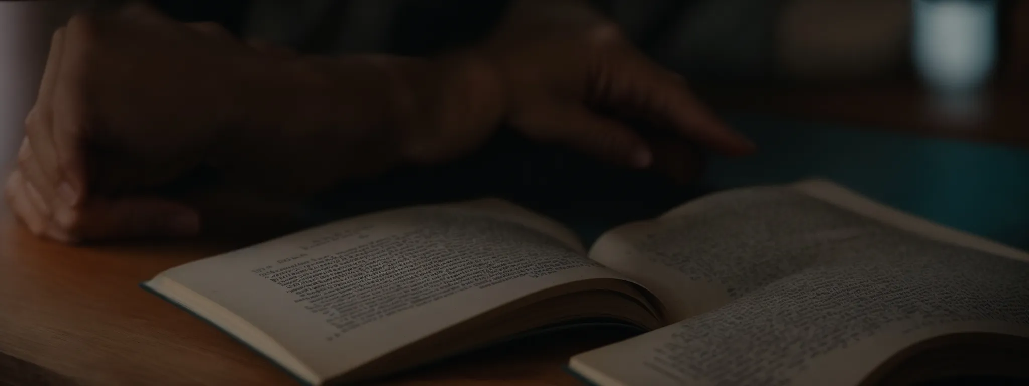 a person reading an open book on a table, with a clear focus on the text.