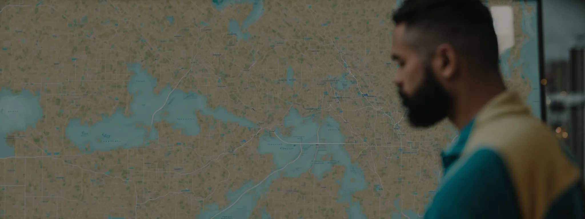 a local business owner examines a dynamic digital map highlighting various locations on a screen, symbolizing the evolving strategies in local seo.