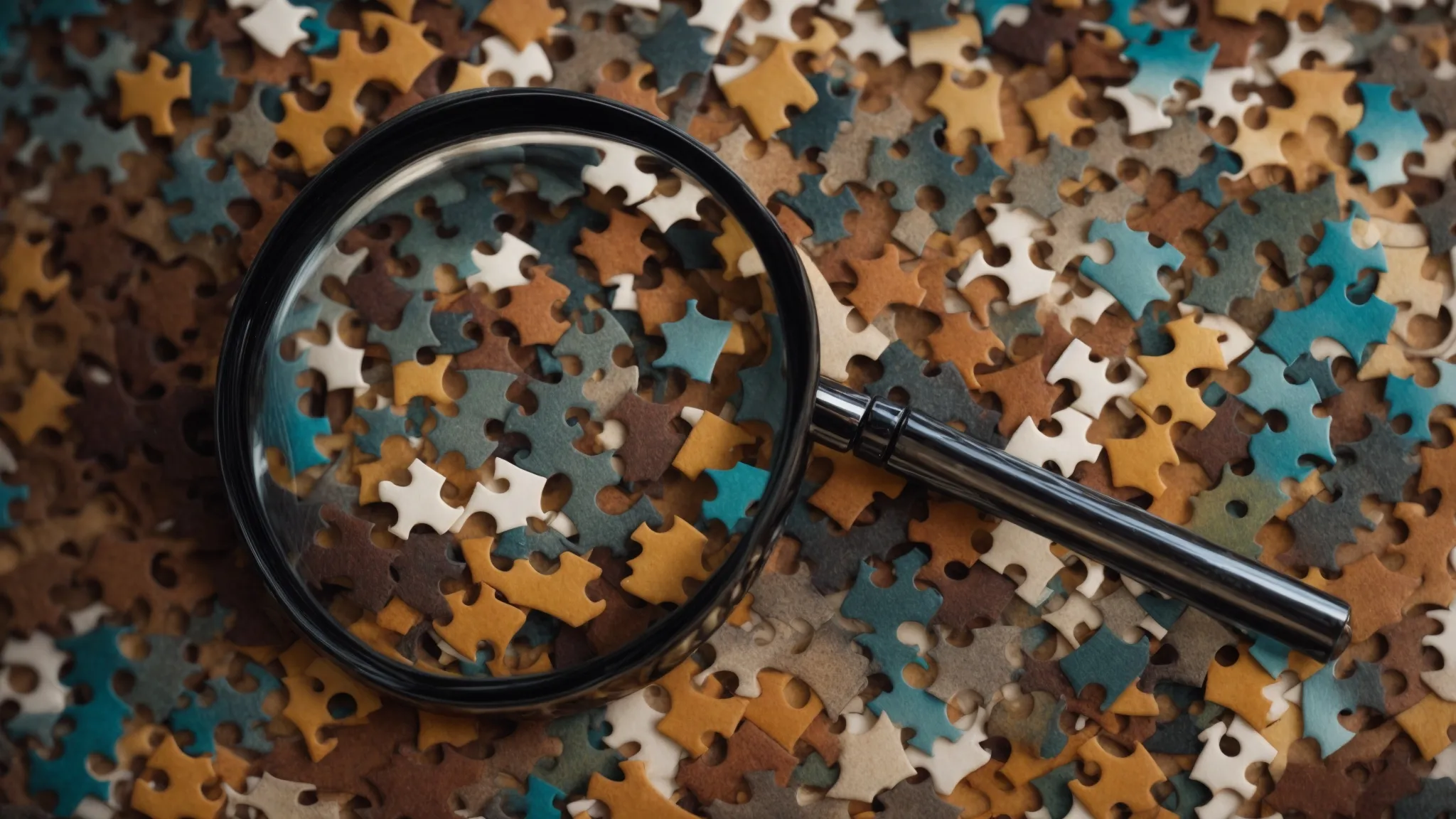 a magnifying glass hovering over puzzle pieces connecting together to form a complete picture.