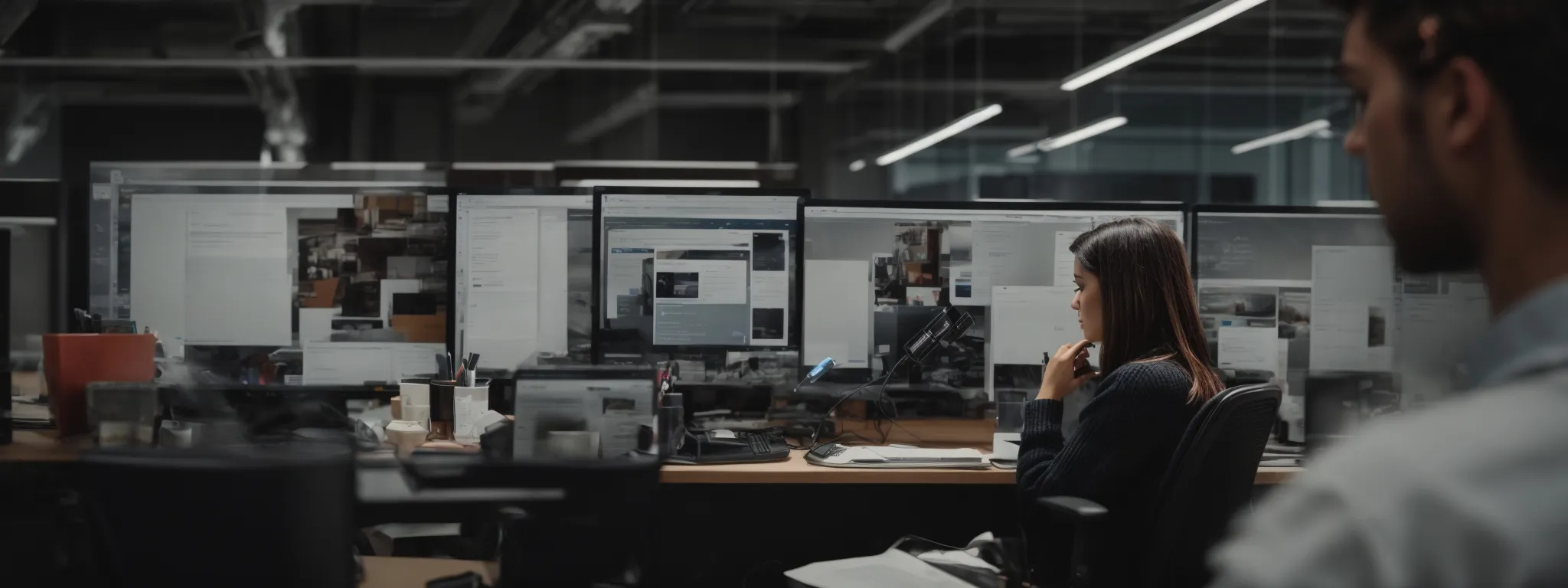 a professional at a computer crafting a personalized email campaign in a modern office setting.