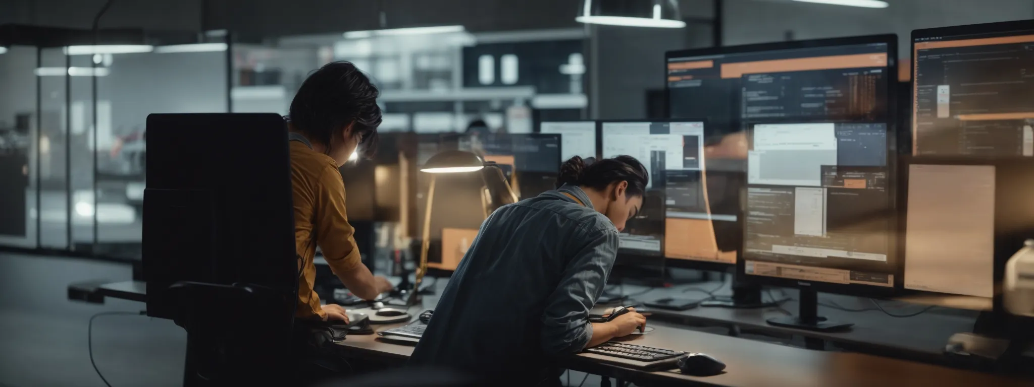 a person sits at a modern, minimalist workstation, intensely focused on a brightly lit computer screen as they type away, optimizing product listings on an ecommerce website.
