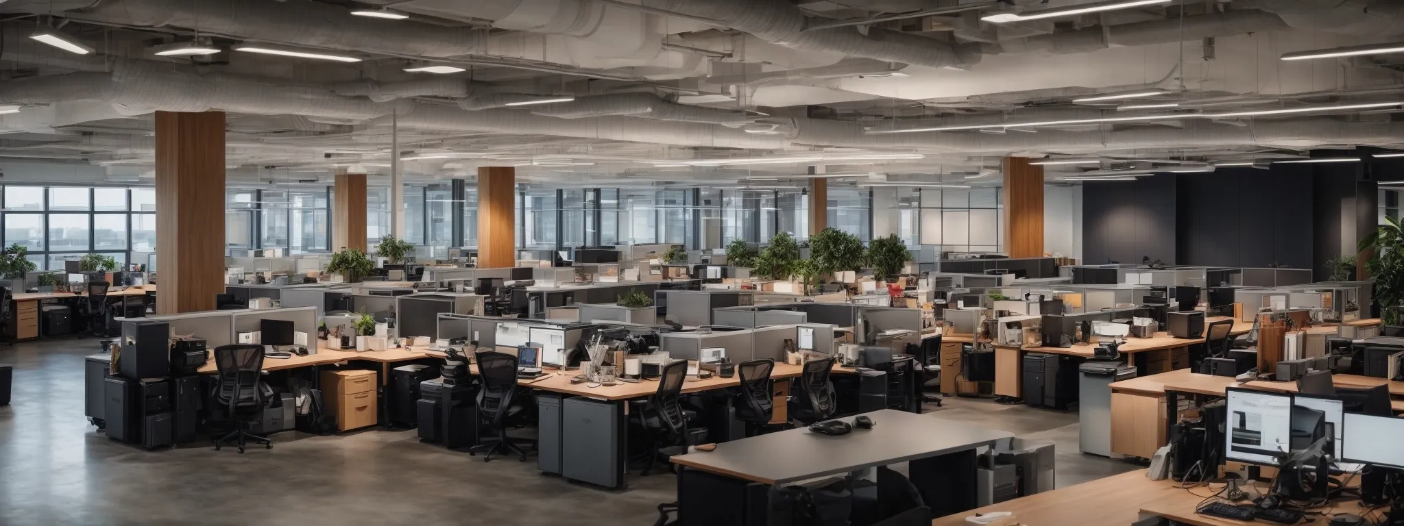 an expansive, well-organized office space imbued with a creative and strategic vibe, where a content team could brainstorm and plan.