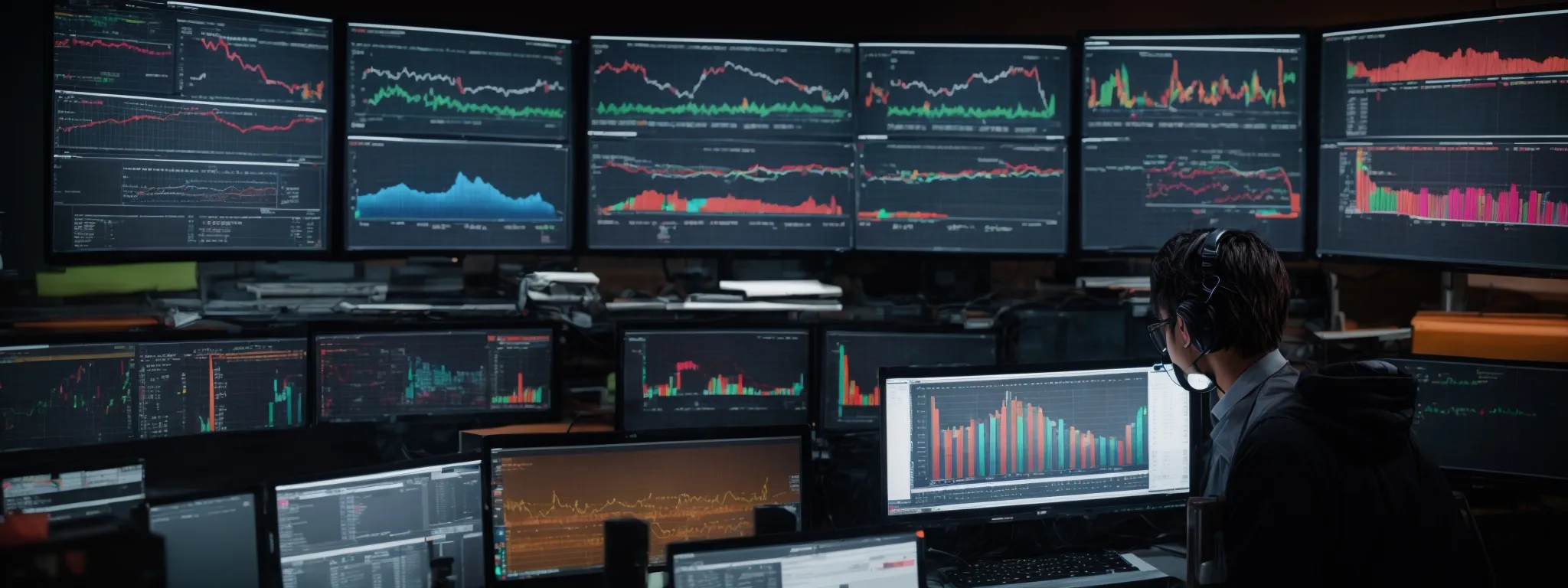 a digital analyst sits in front of multiple computer monitors displaying colorful graphs and website traffic data.