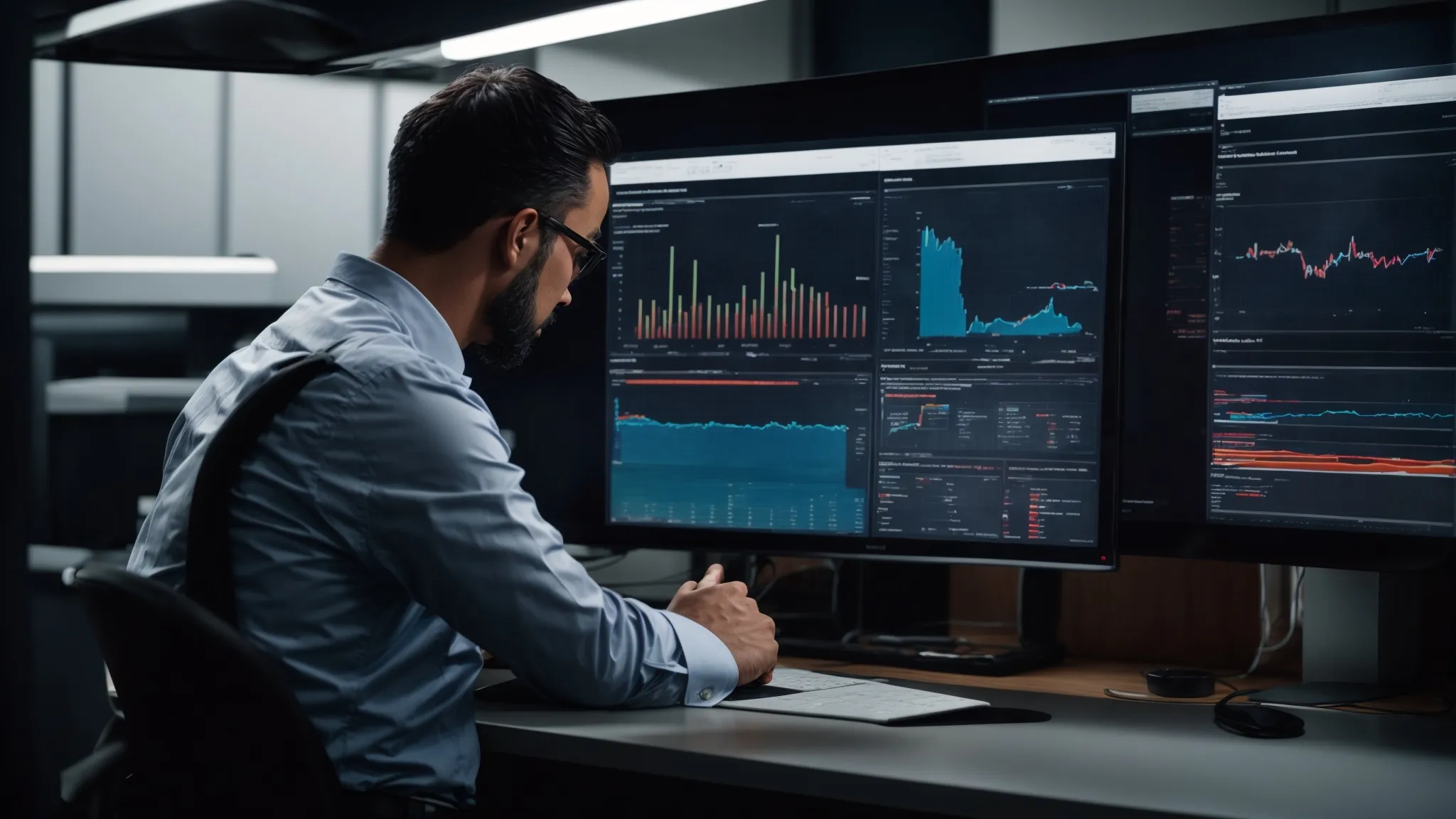 a plumber consulting a data analytics dashboard on a computer screen in a modern office setting.