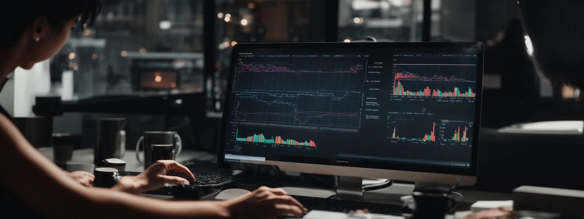 a digital marketer analyzes graphs and charts on a computer screen, reflecting website traffic and engagement metrics.