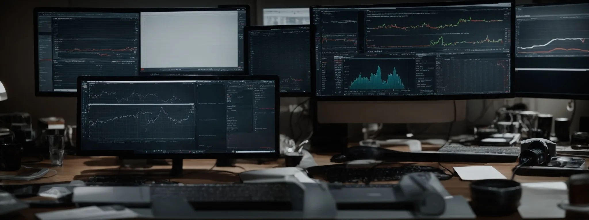 a person working intently on a computer surrounded by analytics and seo optimization tools.