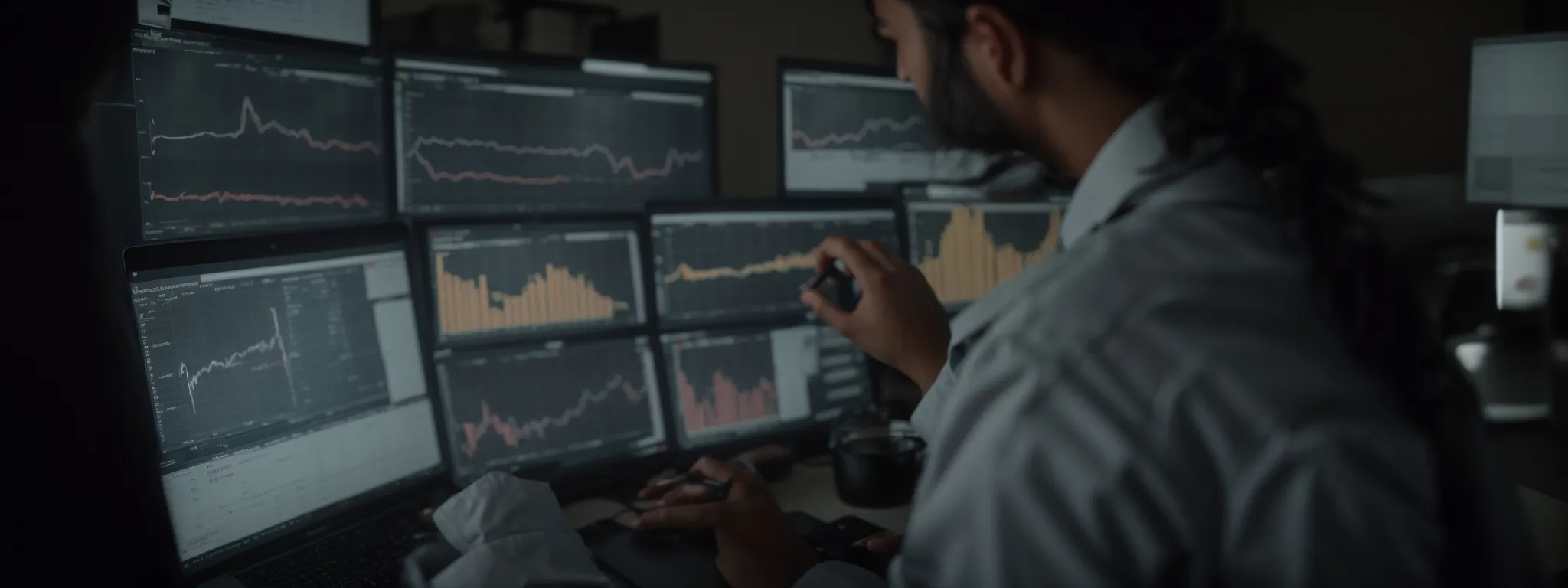 a business professional analyzing graphs and charts on a computer dashboard reflecting seo performance metrics.