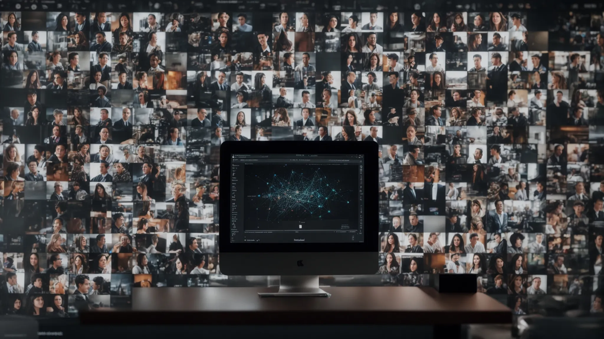 a computer display showing a network of interconnected profile icons representing a digital recruitment platform.