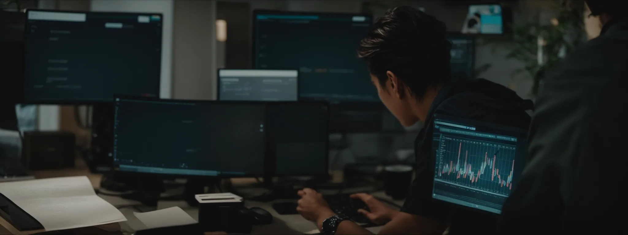 a focused marketer adjusts a virtual scale symbolizing the balance between nofollow and dofollow links on a computer screen displaying a website's analytics.