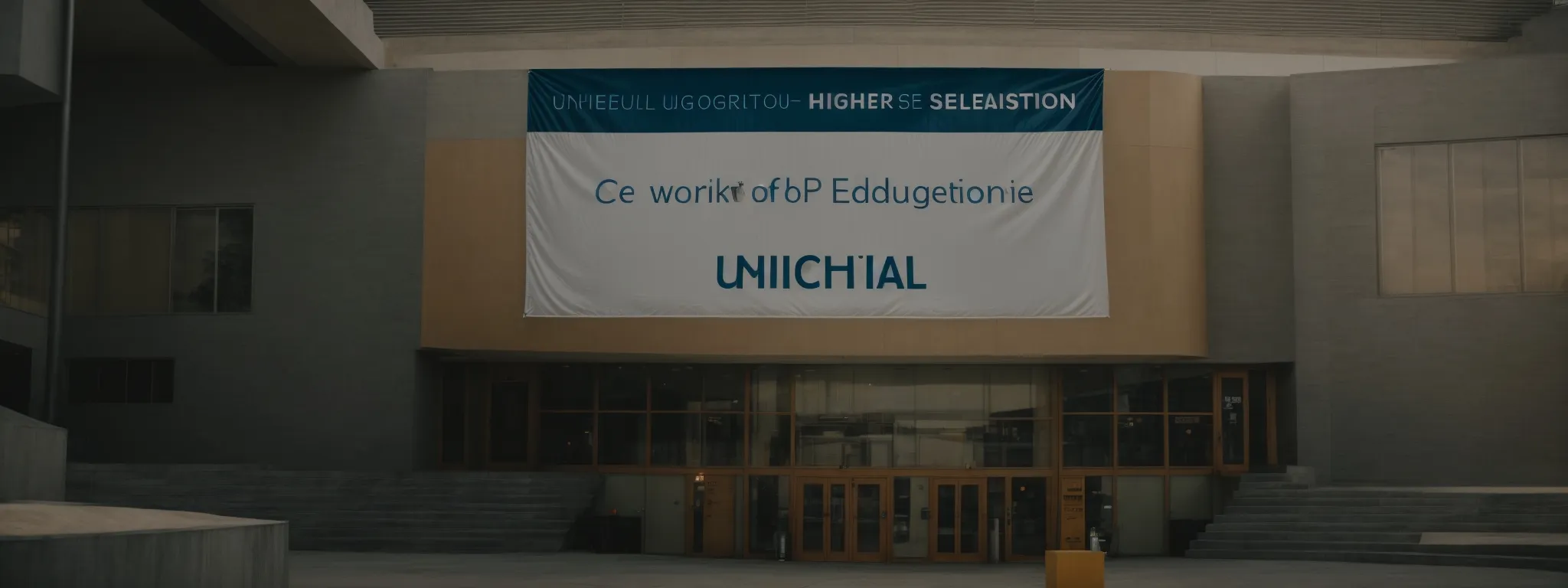 a university building entrance with a large banner welcoming visitors to an 