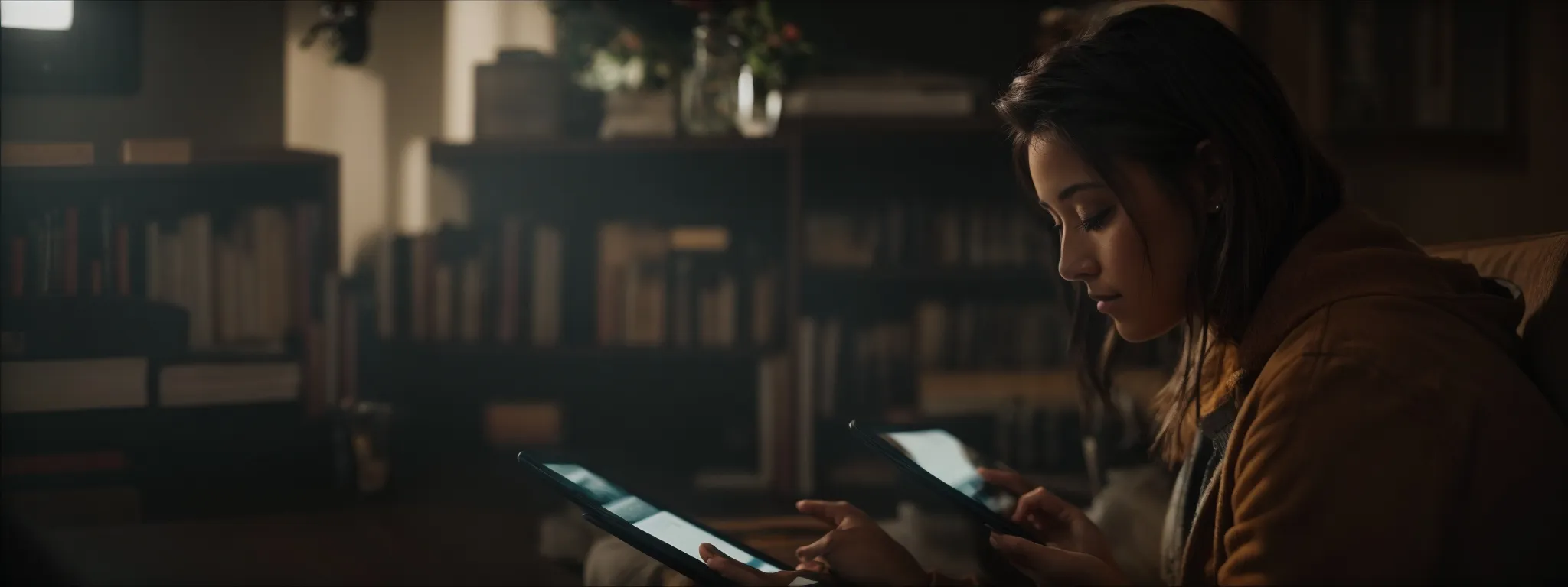 a person intently reading content on a tablet while seated in a comfortable, well-lit room.