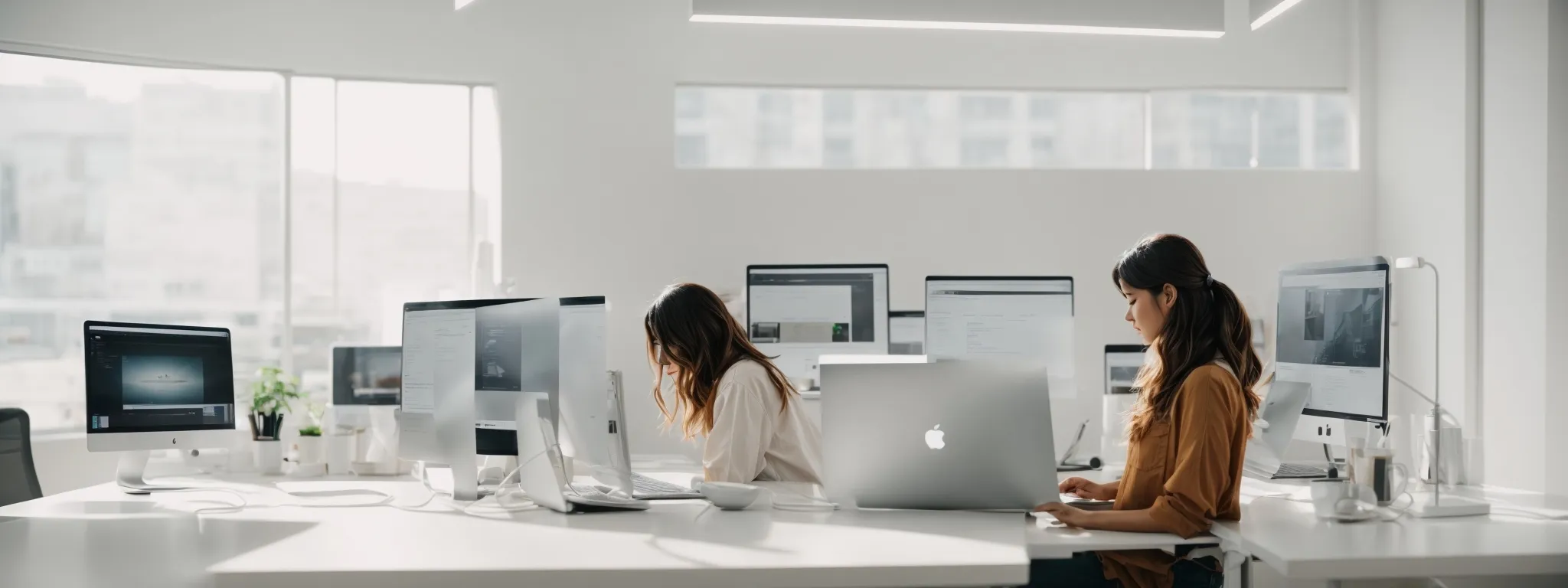 a person browsing a streamlined, minimalist website on a sleek, modern computer in a bright, airy office.