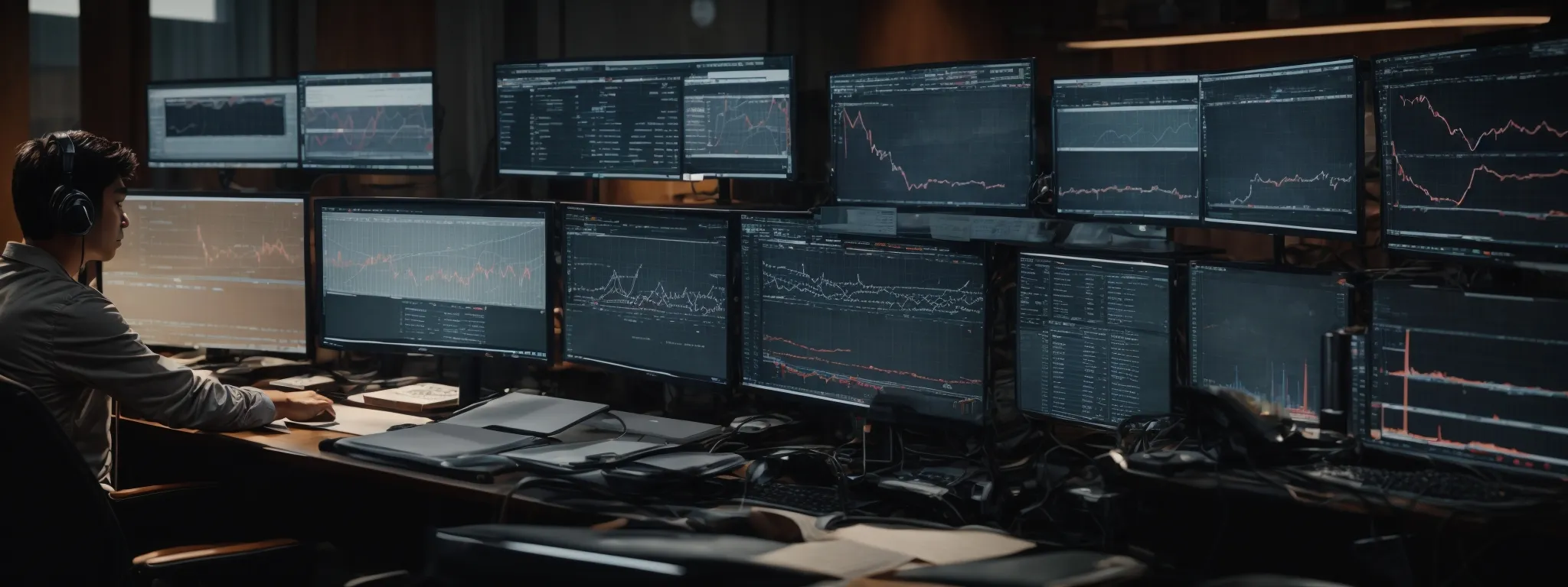a person working intently at a clutter-free desk with multiple computer screens displaying analytical data and graphs.