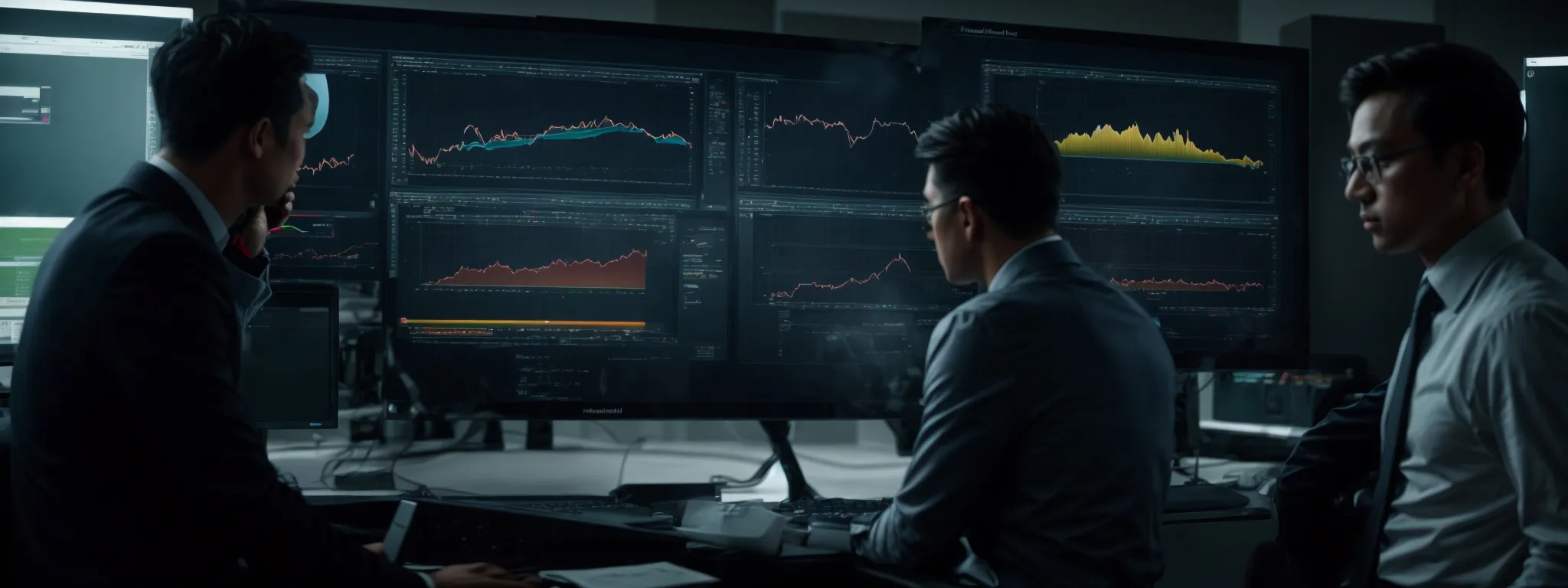 a team of focused professionals gathered around a large computer monitor, analyzing graphics and data trends.