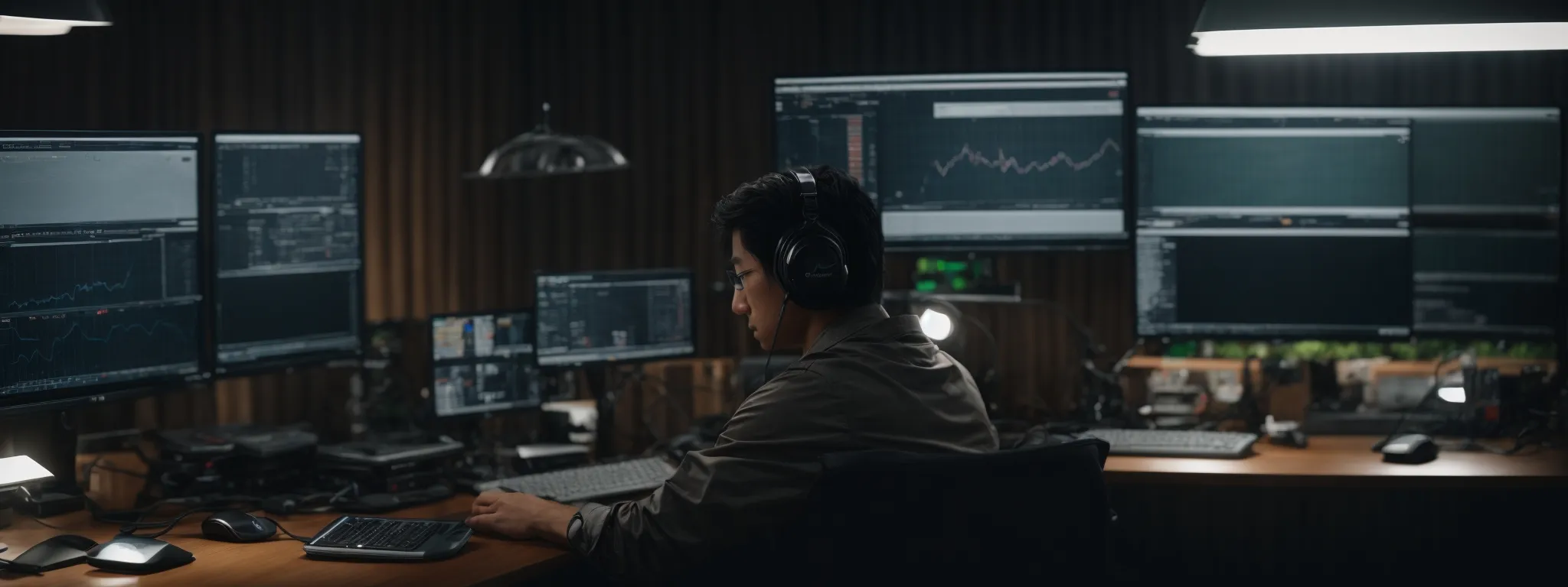 a person sits before a dual-monitor setup, deeply focused on analyzing complex seo data displayed on the screens.