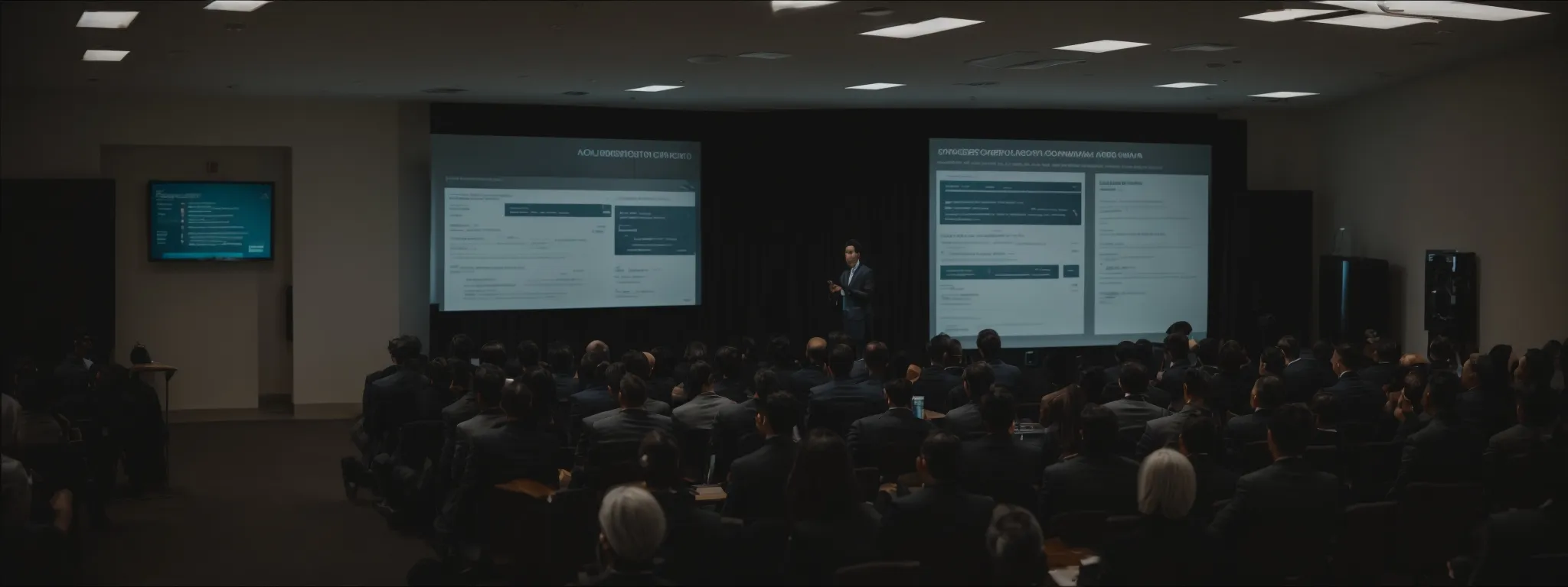 a person presenting an seo strategy on a large screen to an attentive audience in a conference room.