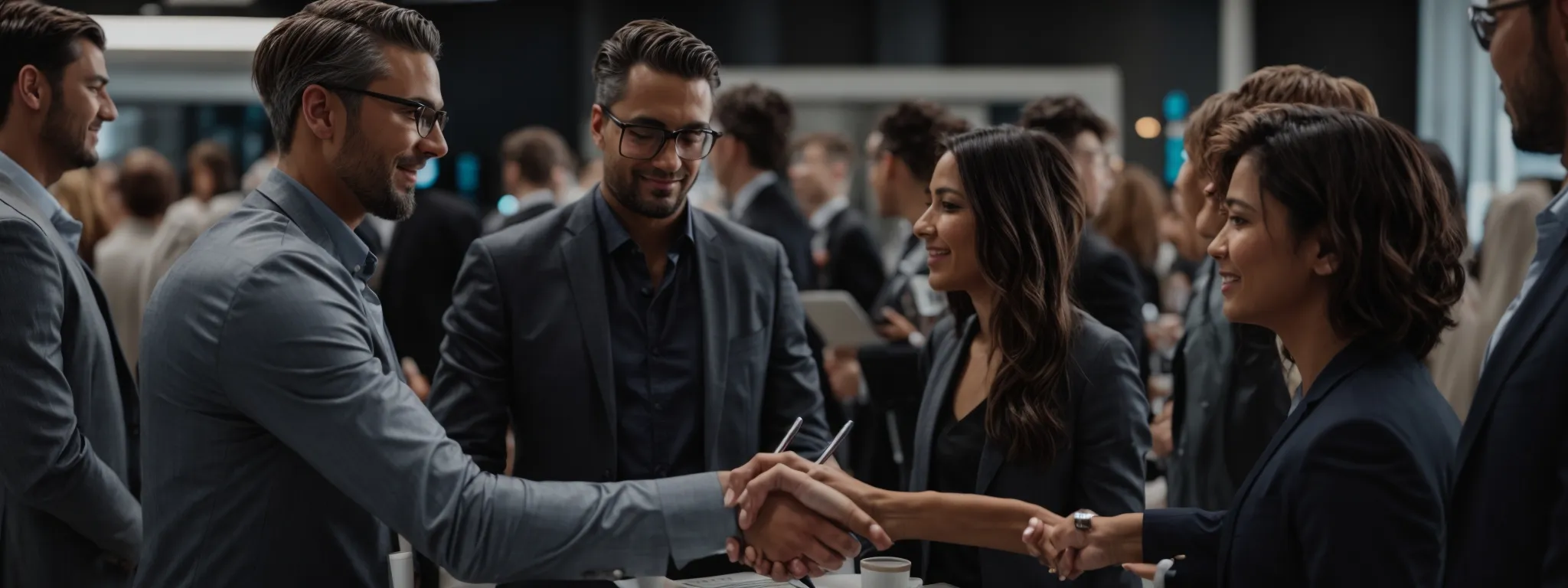 a writer shakes hands with a group of professionals at a networking event while laptops display articles and analytics graphs in the background.