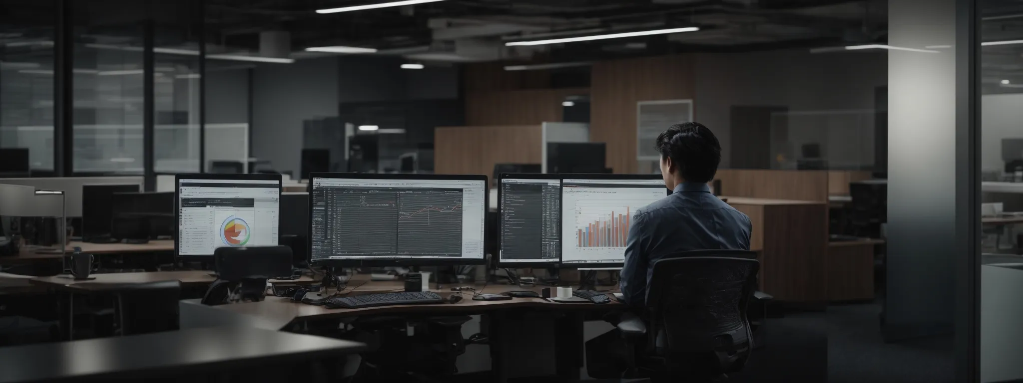 a modern office environment with an individual working intently on a computer surrounded by digital marketing and seo-related charts and graphs.