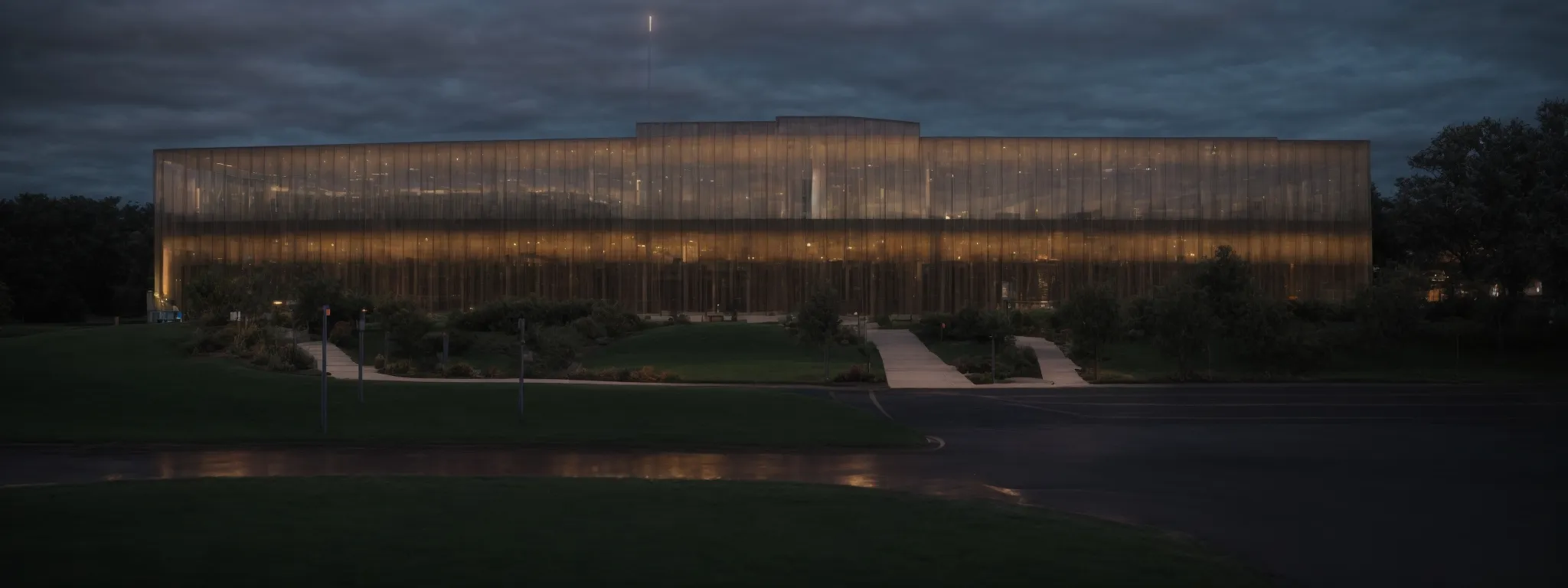 a town hall building illuminated at dusk against a clear sky, reflecting the community-focused nature of local government services.