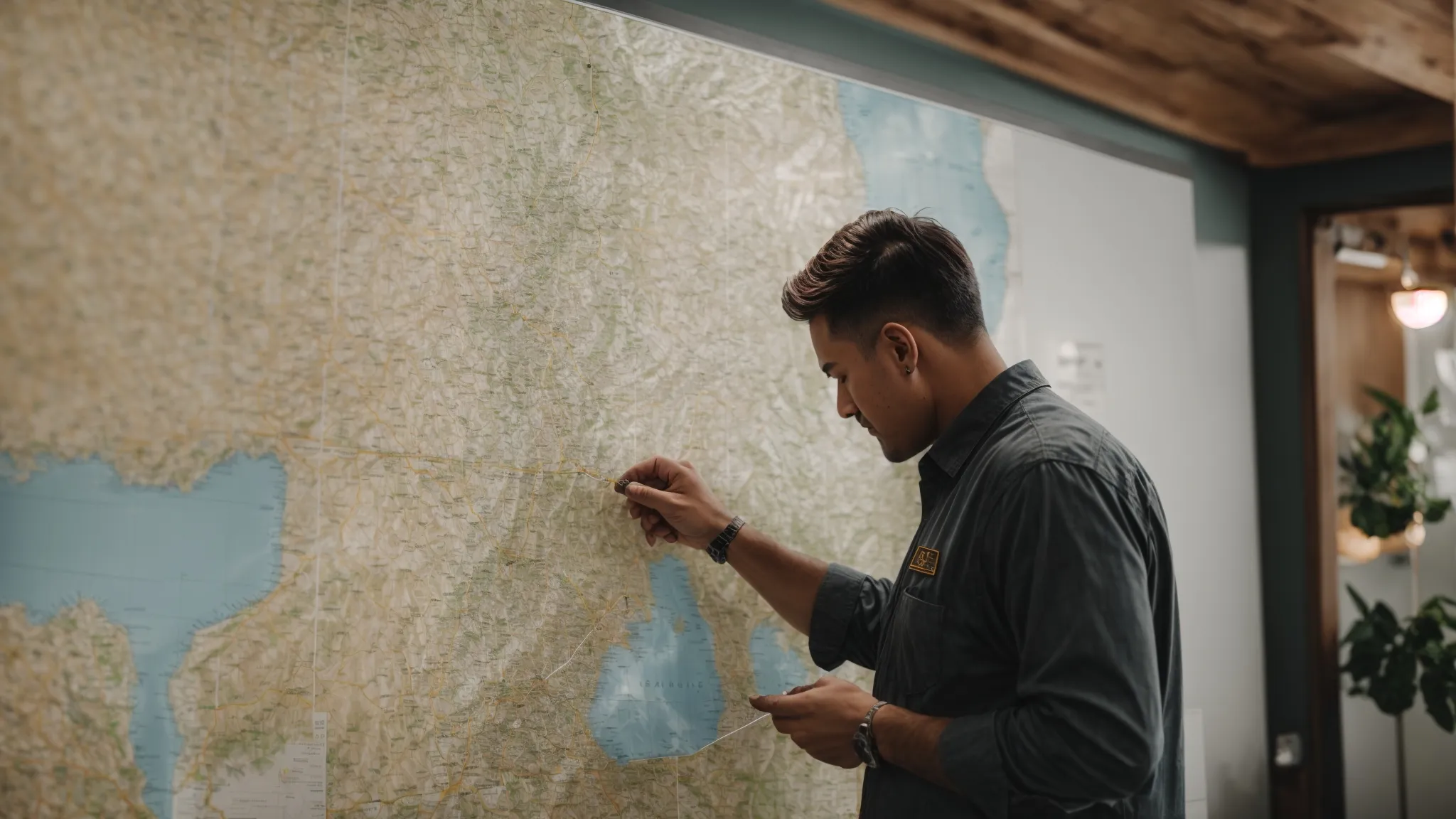 a local business owner pins a map of the surrounding area on the wall, planning his marketing strategy.