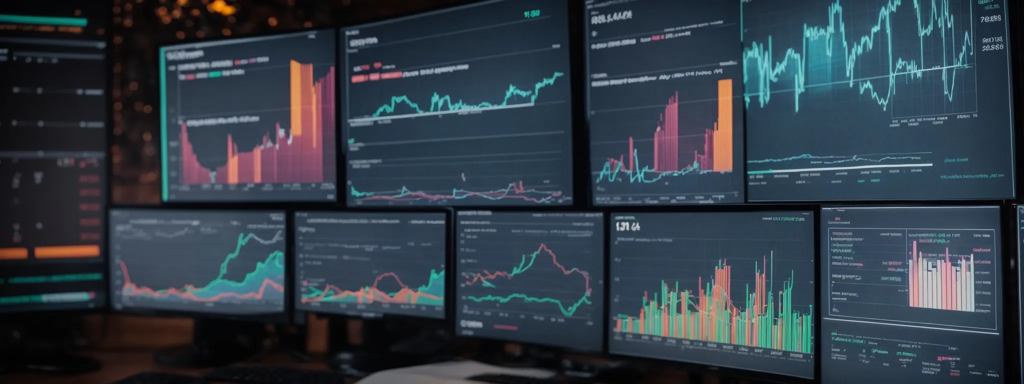a monitor displays colorful graphs and charts representing seo metrics, illustrating a user's engagement with an analytics dashboard.