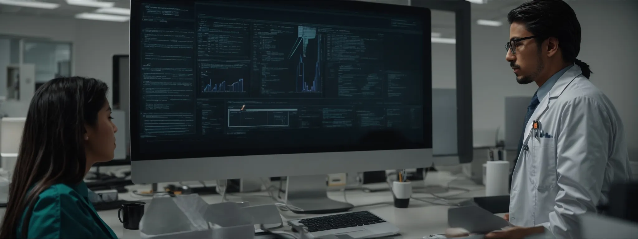 a medical professional discusses a website layout with a web developer in a modern office with a computer displaying a skeletal diagram on the screen.